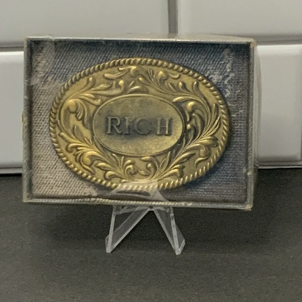 Vintage 1977 The Kinney Co RICH Name Belt Buckle Brass Tone Western Floral Boxed